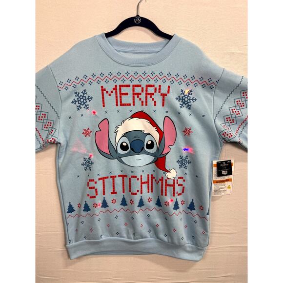 Disney Stitch Merry Stitchmas Christmas Sweatshirt Mens Large Blue Crew Neck - Picture 3 of 11